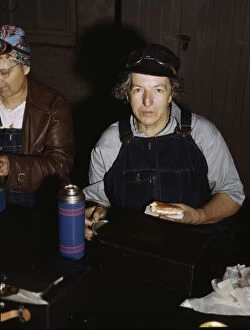 Eating Gallery: C. & N.W. R.R. Mrs. Elibia Siematter, employed as a sweeper at the roundhouse, Clinton, Iowa, 1943