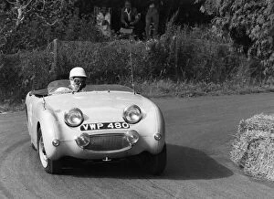 C Wells driving an Austin Healey Frogeye Sprite at the Wiscombe Park Hill, Climb, Devon