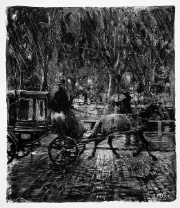Taxi Prints: Cab in the rain, 1896. Creator: Franz Skarbina