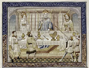 Caesar Augustus, his wife and son at table (From: Jean Hayton, Fleur des histoires de la terre d Orient), c. 1410. Artist: Master of Berry Apocalypse (active 1400-1415)
