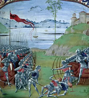 Bowman Prints: Caesar and Pompey fighting the Gauls, 1473. Creator: Master of the London Wavrin