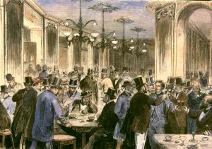 Cafe Swiss or Cafe of artists of Madrid, 1871, colored engraving in La