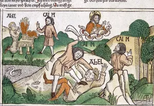 Bartolomé March Library Gallery: Cain and Abel, scene in the Bible of Nuremberg written in German, 1483
