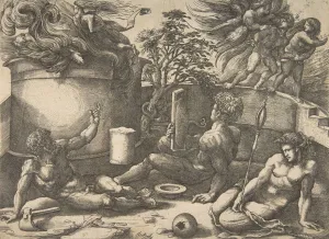 Agostino Prints: Cain holding a mirror watching his sacrifice engulfed in flames, Adam and Eve seate