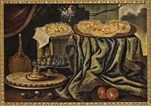 Dish Prints: Cake and a glass vase with roses on a draped ledge