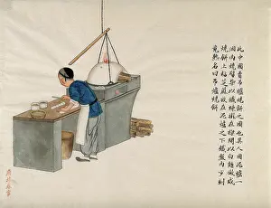 A cake seller preparing cakes to cook in a wood fired oven, 1890. Creator: Pei Qun Zhou
