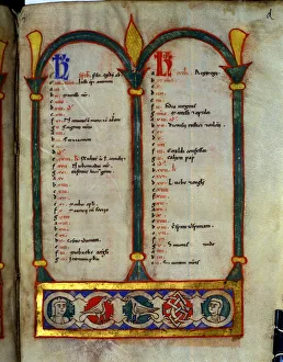 Sacramentary Prints: Calendar decorated with motifs of birds and humans heads in different colors, miniature