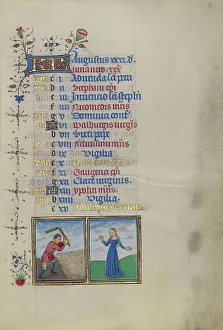 Calendar Page for August: Threshing: Virgo; Book of Hours, about 1450-1455. Creator: Master of the Lee Hours