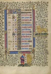 Master Of Egerton 1070 Prints: Calendar Page for July: Harvesting Wheat: Leo; Book of Hours, about 1410. Creator: Unknown