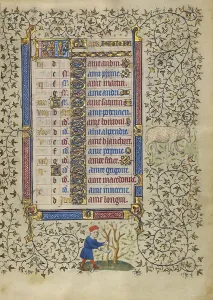 Master Of Egerton 1070 Prints: Calendar Page for March: Pruning Trees: Aries; Book of Hours, about 1410. Creator: Unknown