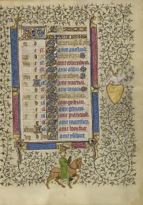Master Of Egerton 1070 Prints: Calendar Page for May: Hawking: Gemini; Book of Hours, about 1410. Creator: Unknown