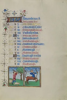Gatherer Prints: Calendar Page for November: Gathering Acorns for Pigs: Sagittarius; Book of Hours