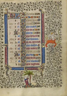 Gatherer Prints: Calendar Page for November: Gathering Acorns for Pigs: Sagittarius; Book of Hours