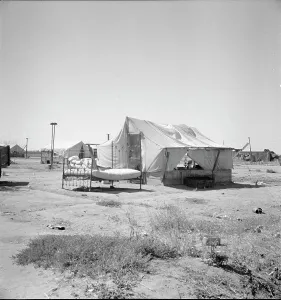 Makeshift Prints: California home of Oklahoma drought refugee, 1936. Creator: Dorothea Lange
