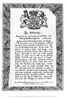 Calligraphic exhibition bill of Matthew Buchinger, Dwarf of Nurnburg, 1717, (1840). Facsimile of a bill advertising the talents of Matthias (or Matthew) Buchinger sent to Robert Harley, Earl of Oxford, in 1717. Buchinger was born with no hands or feet, but was a gifted artist, magician and performer. Illustration from Historical and Literary Curiosities consisting of Fac-similies of Original Documents, by Charles John Smith, (Henry G Bohn, London, 1840) Calligraphic exhibition bill of Matthew Buchinger, Dwarf of Nurnburg, 1717, (1840). Artist: Matthew Buchinger