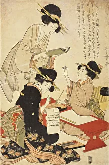 Oban Prints: The Calligraphy Lesson, 18th century. Creator: Kitagawa Utamaro