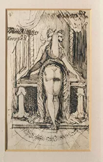 Buttocks Gallery: Callipyga. Lady with raised skirts, standing in front of a dressing table with phallic supports