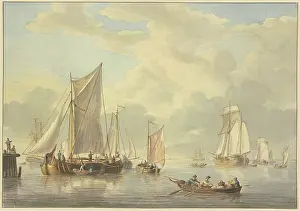 Marine Prints: Calm sea with many ships, in the foreground a boat with three rowers and a woman