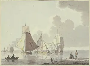 Shore Prints: Calm sea with many ships, on the left a boat with two men