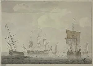 Shore Prints: Calm sea with many ships, on the left a ship lies on the beach