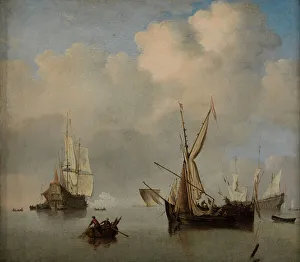 Van De Velde Willem The Younger Prints: Calm sea: two small Dutch coasters at anchor alongside