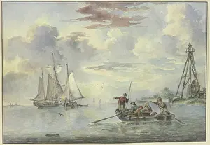 Shore Prints: Calm sea, the sun rises, in the foreground a boat with several people heads towards