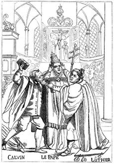 Calvin Gallery: Calvin, Luther and the Pope fighting each other, published 1600