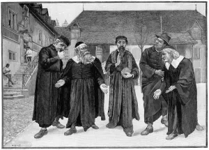 Calvin Gallery: Calvin and the four syndics in the courtyard of the College of Geneva