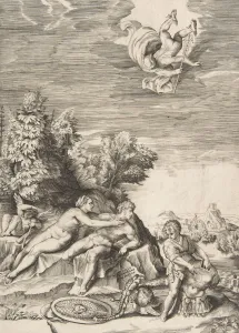 Calypso Collection: Calypso trying to detain Ulysses as a child prepares his armour at right and Mercury fa