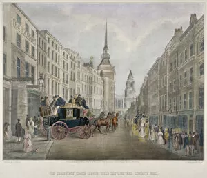 Charles Joseph Collection: The Cambridge coach leaving the Nelson Inn, Belle Sauvage Yard, Ludgate Hill, London, 1818