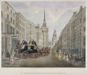 Charles Joseph Prints: The Cambridge coach leaving the Nelson Inn, Belle Sauvage Yard, Ludgate Hill, London, 1818