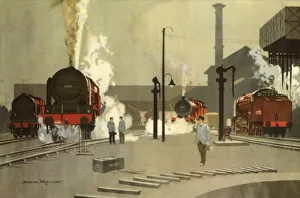 Train Station Prints: Camden Town Engine Sheds, c. 1935, (1945). Creator: Norman Wilkinson