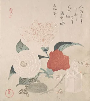 Camellia Prints: Camellia Flowers, a Netsuke and a Seal, 19th century. Creator: Kubo Shunman