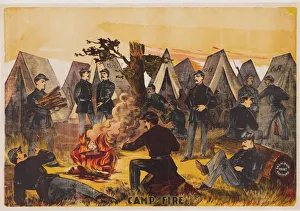 Camp Fire, pub. c1865 (colour lithograph) Creator: American School (19th Century)