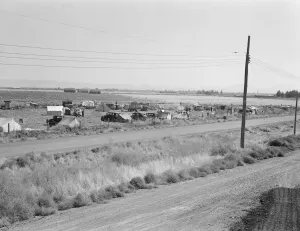Camp of migrant potato pickers seen from potato shed... Tulelake, Siskiyou County, California, 1939 Creator: Dorothea Lange