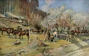 Un campement de cavalerie pres de Vailly sous les pommiers en fleurs, 1917. Creator: Francois Flameng
