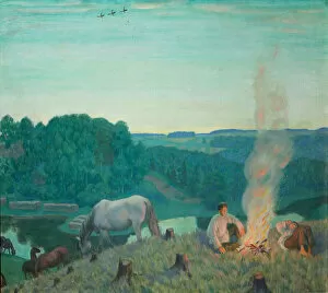 Campfire Gallery: Campfire, 1916. Artist: Kustodiev, Boris Michaylovich (1878-1927)