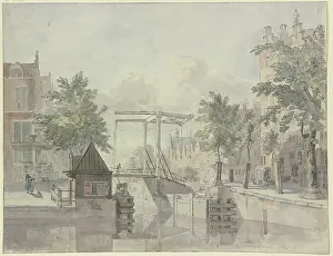 Lock Gates Prints: Canal with lock gate, a maid sweeps the street on the left