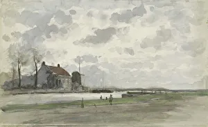 Watercolor Paint Prints: Canal with a windmill, 1845-1925. Creator: Julius Jacobus van de Sande Bakhuyzen