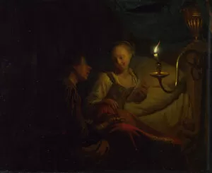 A Candlelight Scene. A Man offering a Gold Chain and Coins to a Girl seated on a Bed, ca. 1665-1667