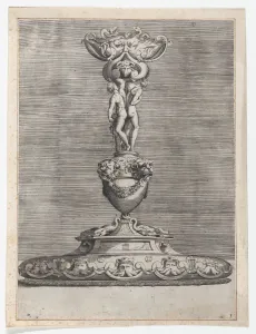 Faces Prints: Candlestick with Two Ignudi on Top of a Vase with Lion Heads, 1552. 1552. Creator: Anon