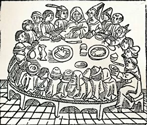 Caxton Collection: The Canterbury Pilgrims sitting down for a shared meal, 1485. Artist: William Caxton