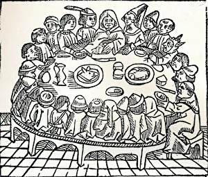 Caxton Prints: The Canterbury Pilgrims sitting down for a shared meal, 1485. Artist: William Caxton