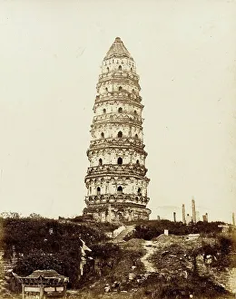 Stonework Prints: Cantonese Masonry Pagoda, 1860. Creator: Felice Beato
