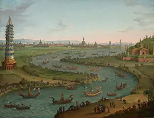 A capriccio with the French Ambassador approaching the King of Siam's Palace in a state barge