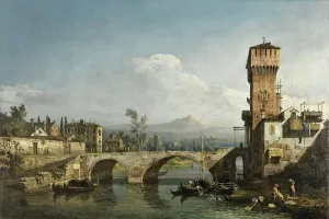 Riverscape Prints: Capriccio with a River and Bridge, 1745. Creator: Bernardo Bellotto