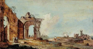 Guardet Francesco Prints: Caprice, with ruined arch and fishermen's houses. Creator: Francesco Guardi