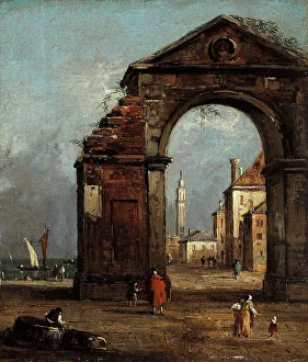 Guardet Francesco Prints: Caprice, with ruined triumphal arch and landscape of the edge of the lagoon