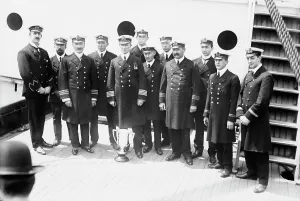 Shipwrecked Prints: Capt. Rostron & under officers of CARPATHIA [ship], 1912. Creator: Bain News Service
