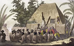 Hawaii Prints: Captain Cook observes an Offering, Sandwich Islands, 1778-1779 (19th century)
